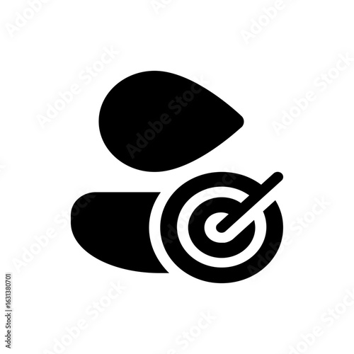 Black shapes including a target with an arrow pointing at the center and a rounded shape above it alluding to aim