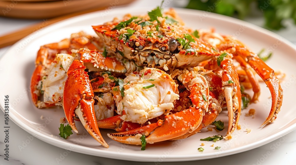 Succulent garlic butter crab feast, perfectly seasoned with fresh herbs, a gourmet seafood delight Succulent garlic butter crab feast, perfectly seasoned with fresh herbs, a gourmet seafood delight