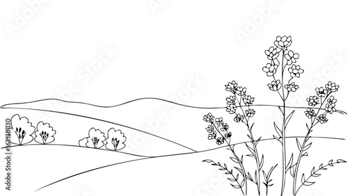 Black and white landscape with hills bushes and flowering plants in a simple line drawing style