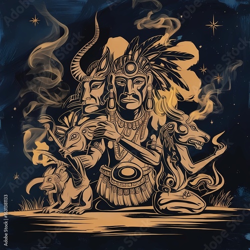 Central tribal figure surrounded by spirit animals and drum
