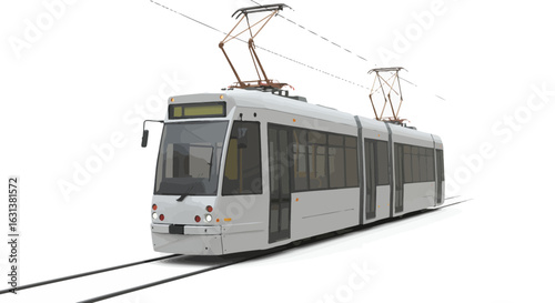 Modern electric tram on rails against a plain background, public transport