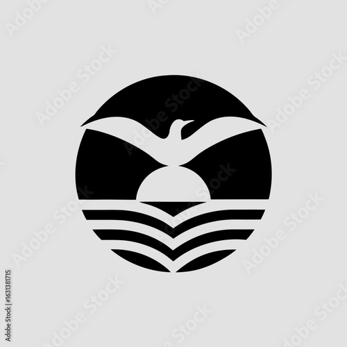 Minimalist bird logo design with a seagull over a sun and sea waves.