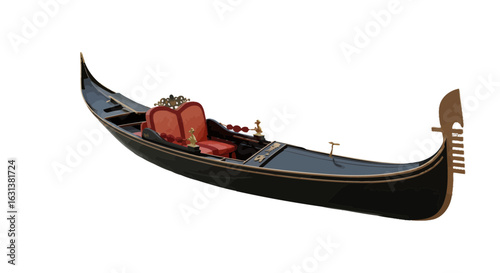 Traditional black gondola with red seats on a plain background