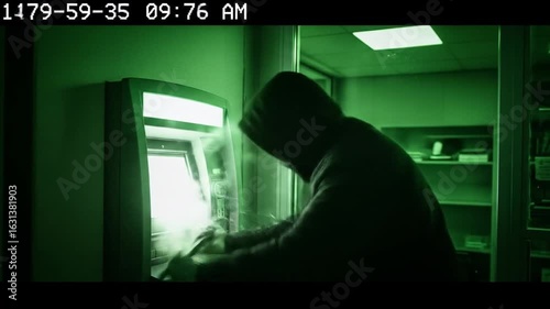 Dramatic bank robbery surveillance footage with hooded thief attempting to breach an ATM under the