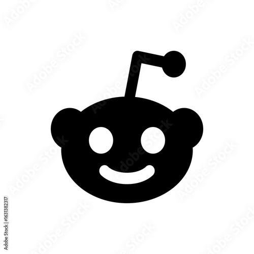 Illustration of the reddit alien logo with a smiling face and antenna, rendered in solid black on white background