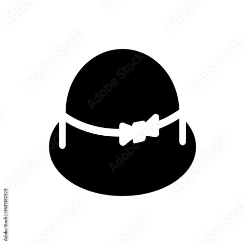Illustration of a black cloche hat with a bow tied around it and a brim that is turned down all around