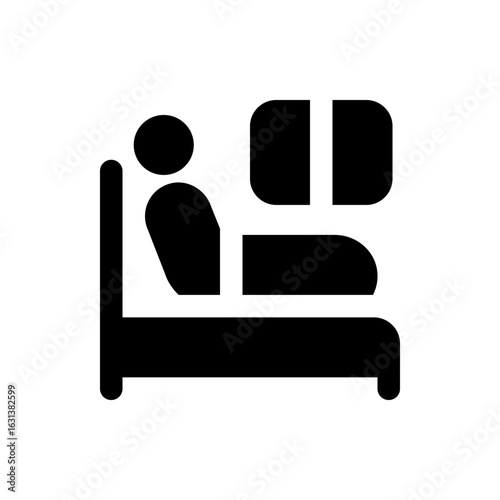 Person sitting in bed next to a window depicted as a simple black silhouette in a minimalist style icon