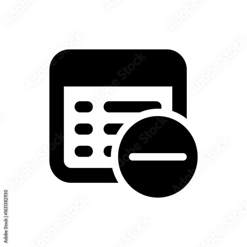 Black calendar icon with rounded corners and a minus sign in a circle on the bottom right corner