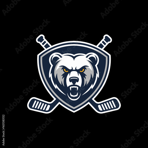 Aggressive Ice Hockey Bear Mascot Logo Design on a Shield with Crossed Sticks, Representing a Fierce Sports Team, Club, or E-Sport Brand on a Black Background