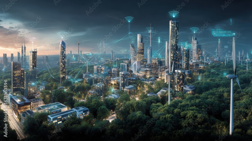 Fototapeta premium Futuristic Cityscape with Wind Turbines and Green Infrastructure Promoting Sustainable Urban Development and Technological Advancement