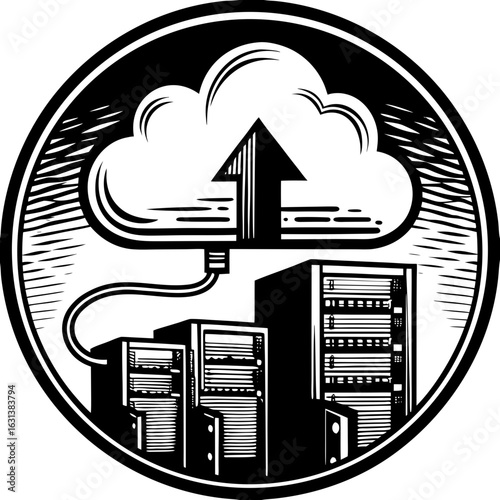 Black and white illustration of cloud storage with an arrow pointing up and server racks below it