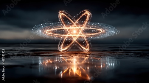 Abstract atom symbol, glowing orange and white rings, dark background, water reflection