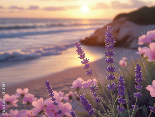 Lavender and pink flowers on beach at sunset ocean waves