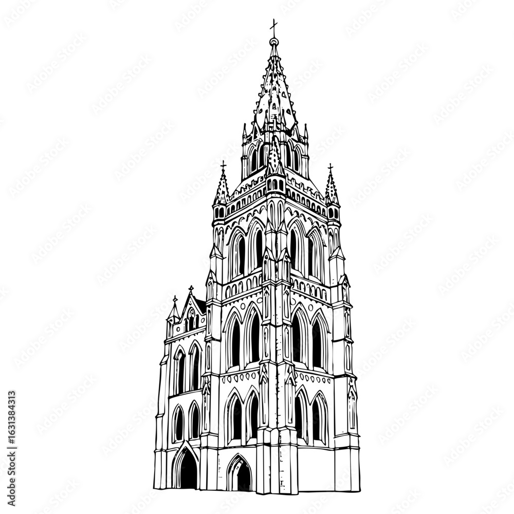 Fototapeta premium Detailed vector line art illustration of a gothic cathedral tower with pointed arches and ornate spire