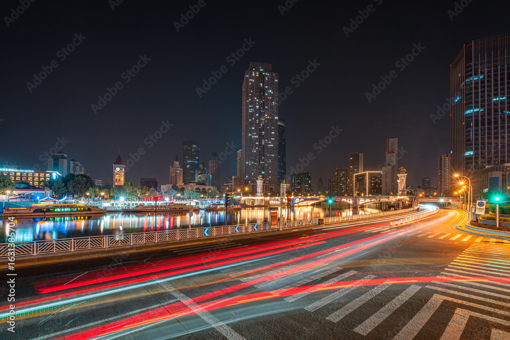 Obraz premium Night view of Tianjin city streets in China