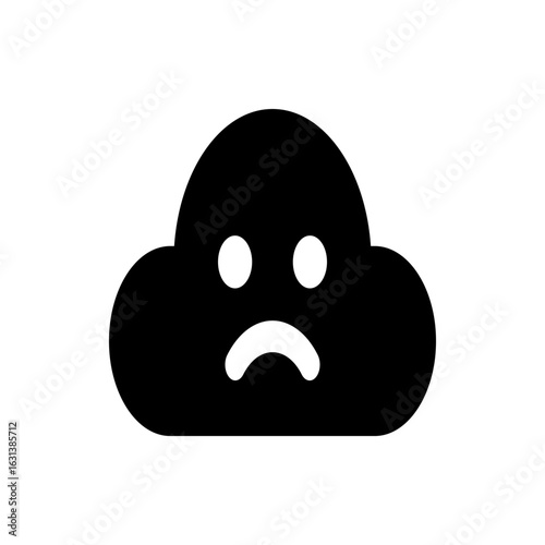 Black cloud with a sad face consisting of two white circles and a curved line in a simple vector design