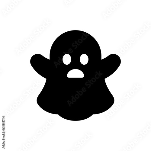 Silhouette of a cartoon ghost with round eyes and a sad mouth floating on a white background image view