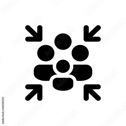 Black silhouette of a group of people with arrows pointing towards them on a white isolated background