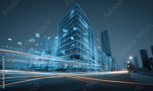 Futuristic Cityscape Visualization with Digital Overlay: Architectural Blueprint and Data Stream Integration for Urban Planning