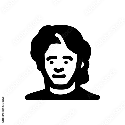Illustration of a stylized person with dark hair and a light complexion in a simple black and white design