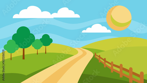 sunny countryside road fences farm rural sunny field