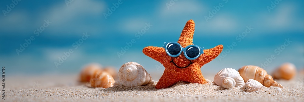 Funny starfish on sandy beach with seashells, summer vacation concept, kids entertainment and travel banner Funny starfish on sandy beach with seashells, summer vacation concept, kids entertainment and travel banner