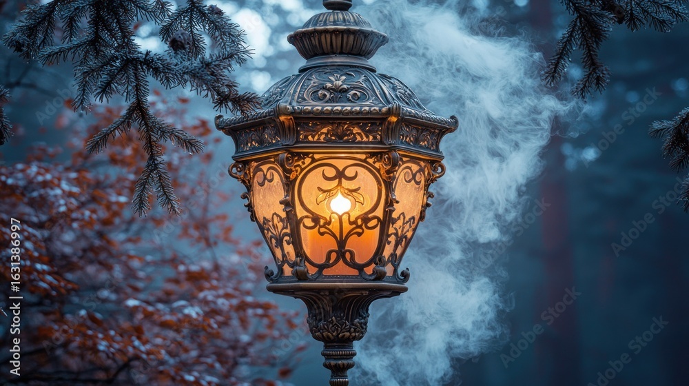 Naklejka premium Vintage lantern illuminating a winter forest scene