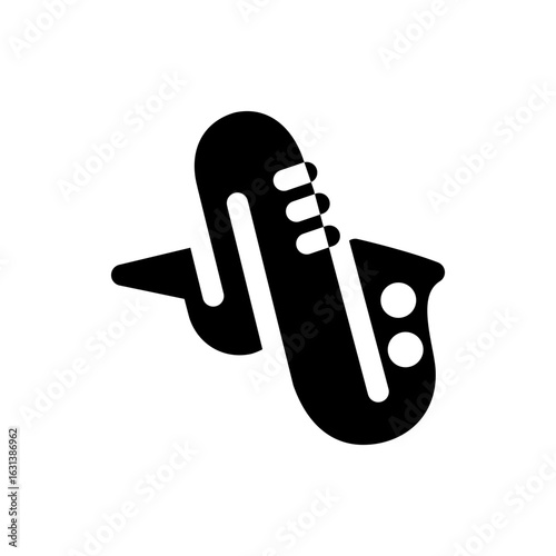Illustration of a black and white saxophone with visible keys and bell in a stylized design format