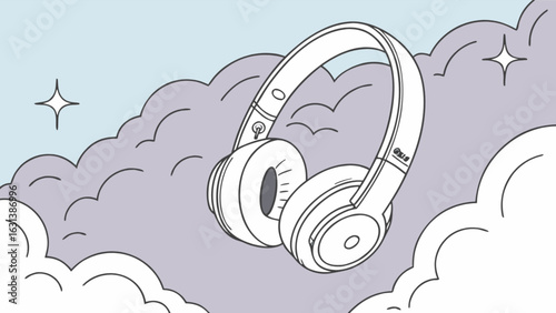 Illustration of wireless bluetooth headphones for music lovers and audiophiles with clouds and stars drawn