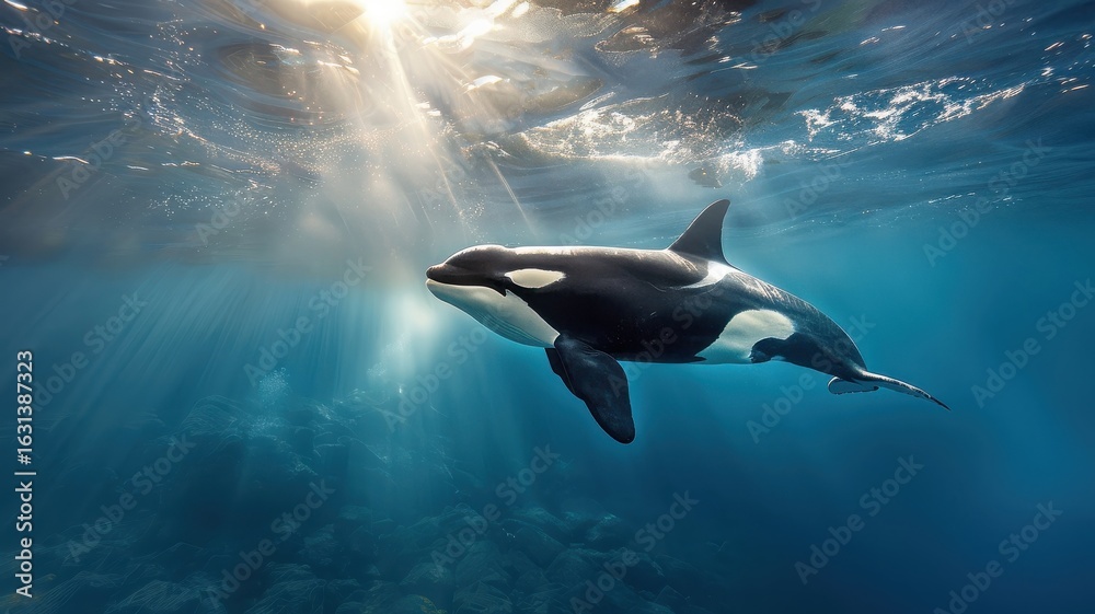 Fototapeta premium Close-up of killer whale in deep blue ocean, striking black-and-white coloration, vast open water, serene, detailed, contrast.