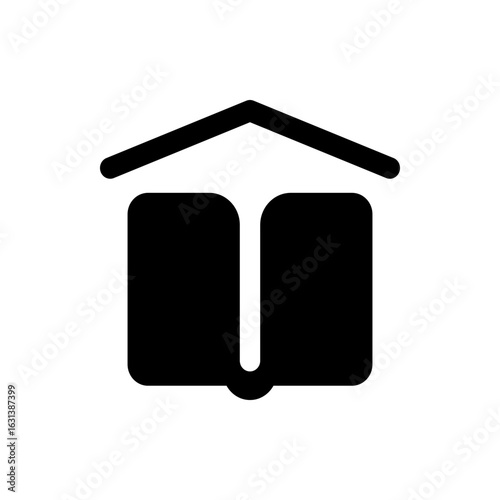 Illustration of a stylized building with a roof and two rounded rectangular structures on either side of center