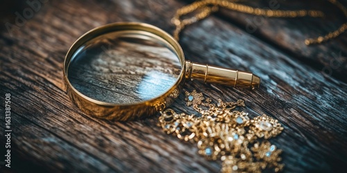A magnifying glass over gold jewelry on a wooden table, symbolizing the importance of golden cash for broken and old necklaces.