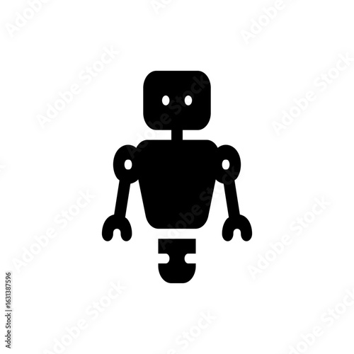 Illustration of a simple black robot with a rectangular head and claw hands on a white background image