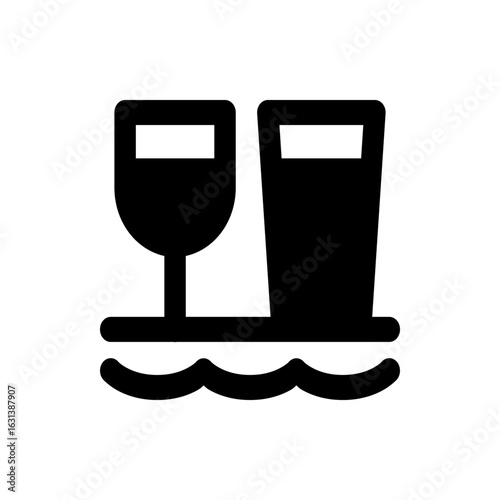 Illustration of a wine glass and a pint glass sitting on a table with wavy lines underneath it alluding to water