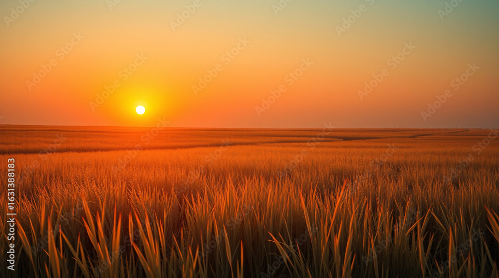 Fototapeta premium Vast wheat plains basking in the golden morning sunlight under a serene and cloudless sky