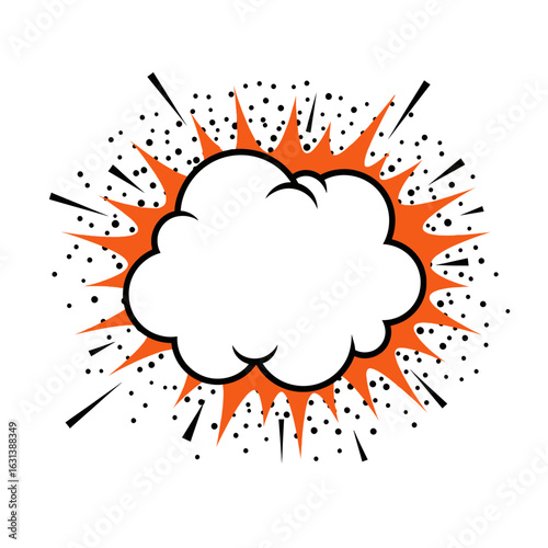 Comic book style explosion with orange and black accents white center