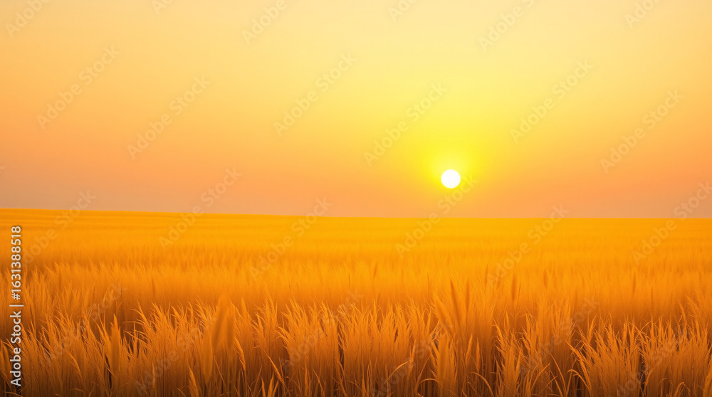 Fototapeta premium Golden wheat fields basking under radiant sun in warm evening atmosphere