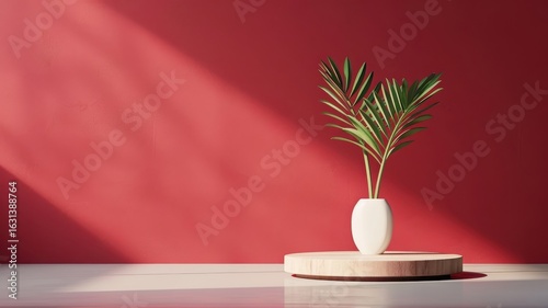 A luxurious 3D podium in a red studio with golden light, perfect for high-end product displays.