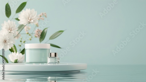 3D podium with a water background, blue abstract platform for cosmetics, ideal for beauty presentations and minimalistic design.