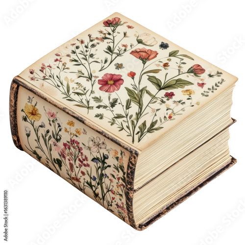 Floral vintage book with botanical illustrations, classic literature, and antique design for education on transparent background