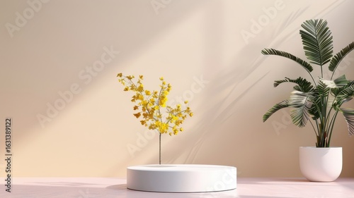 Minimal 3D podium on a yellow circular platform, geometric shapes, and rainbow hues in a studio setting.