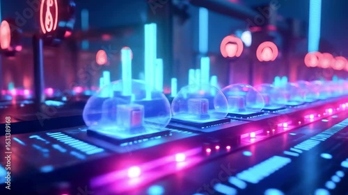 Futuristic control panel with glowing buttons and indicators in a high-tech environment