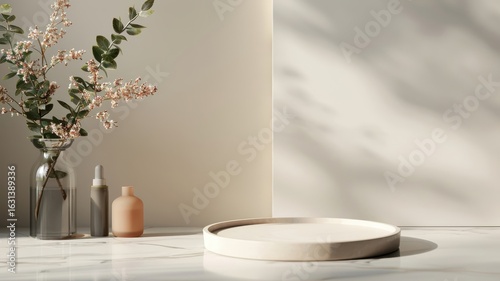 3D podium featuring a white marble stone background and pastel shadow, perfect for showcasing beauty products.