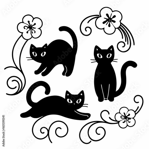 Three black cats with floral accents in a whimsical decorative arrangement art