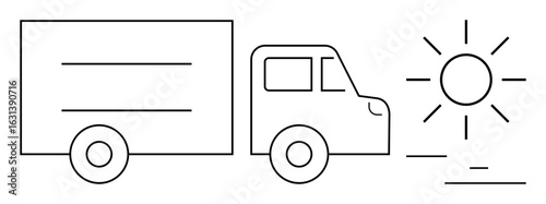 Minimalistic truck illustration under shining sun with lines denoting movement. Ideal for delivery, transport, logistics, sustainability, freight, efficiency, simple landing page