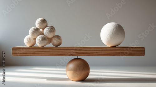 Textured spheres balanced on wooden beam scale