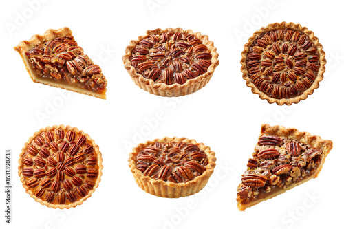 Collection of Sliced and Whole Pecan Pies on Transparent Background for Easy Integration