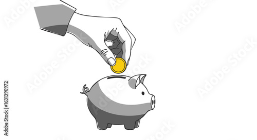 Hand Placing Coin into Grey Piggy Bank, Simple Line Art Style