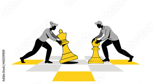 Man and woman in a strategic competition, pushing giant yellow chess pieces, a king and a bishop, across a checkered board.
