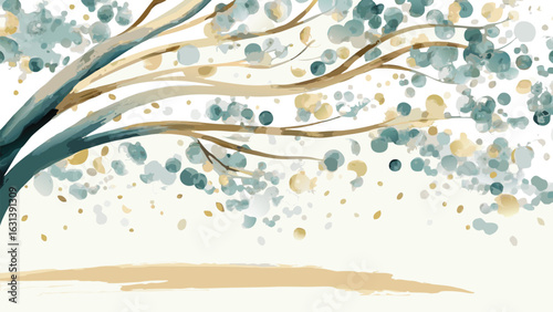 Watercolor painting of tree branches with teal and gold leaves against a white background in a dreamy style